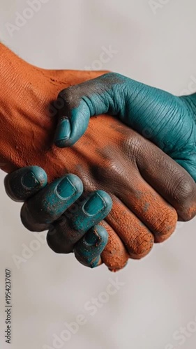 A handshake between two hands painted in orange and blue, symbolizing diversity, creative partnership, unity, and professional collaboration in the art or business world.