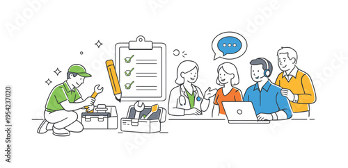 A small group of service professionals performing daily tasks and assisting customers in various work scenarios, focusing on efficiency and helpful interaction, represented by a