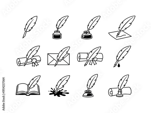 Classic writing instruments: feather quill pen, quill pen with ink pot, quill pen dipping in ink, quill writing on parchment, quill pen with wax seal, quill pen with envelope