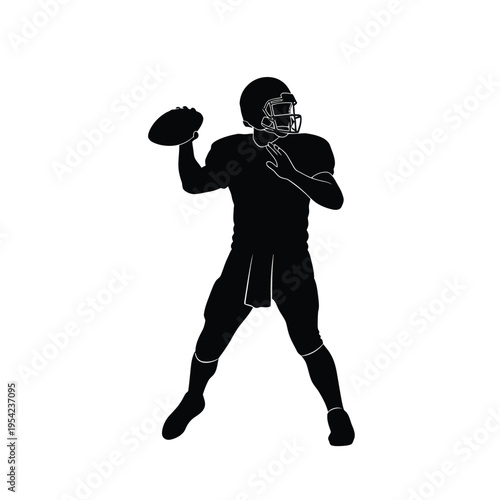 Silhouette of an american football quarterback in uniform throwing a pass, captured in a dynamic pose against a clean white background.