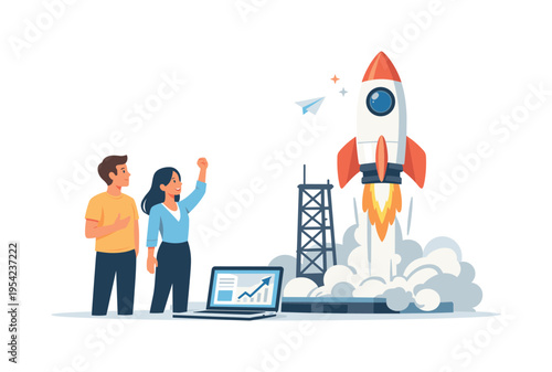 Startup launch and entrepreneurial growth concept illustrated through a playful business scene, a hand drawn style doodle rocket lifting upward from a simple launch platform beside
