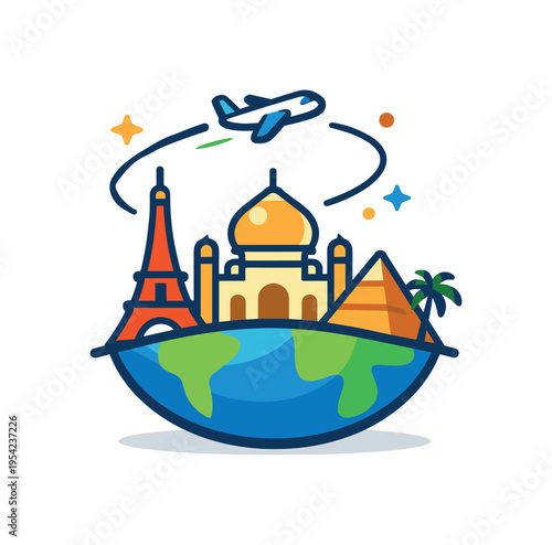 Global travel planning and discovering famous destinations focused on broadening horizons and cultural curiosity, a simplified landmark monument combined with a small airplane