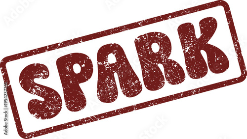 Energetic distressed SPARK word in a bold rectangular ink stamp style graphic on white