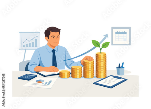 A financial planning scene where an individual confidently organizes future savings and investment strategy in a business environment, visual metaphor of neatly stacked coins