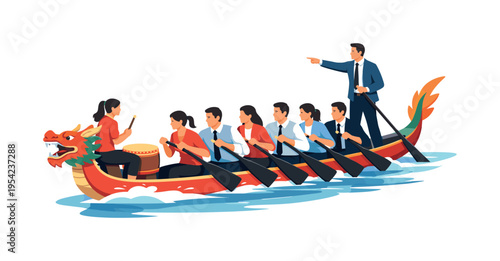 Business metaphor of coordinated teamwork inspired by dragon boat racing, a sleek dragon boat cutting smoothly through water with paddles rising and dipping in synchronized motion