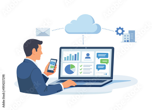 A digital business management scene where a professional monitors company operations and communication through modern online tools, represented with a laptop displaying simplified