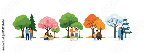 A nature design scene where a set of trees is created to represent seasonal variety and natural diversity in landscape compositions, focusing on simplicity and visual harmony