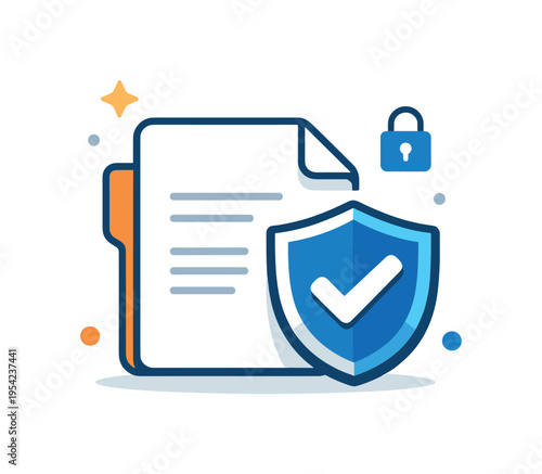 Business data protection and secure file handling designed to safeguard important records and corporate documents, a document page paired with a shield icon expressing safety