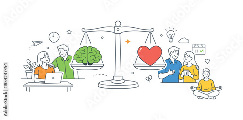 World Mental Health Day workplace wellbeing and stress management concept where a team supports each other in maintaining healthy work-life balance, featuring a balanced scale with