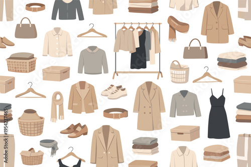 Capsule wardrobe seamless pattern for minimal fashion and organization themes featuring shirt, trousers, blazer, dress, coat, sweater, shoes, handbag, belt, hanger, clothing rack,