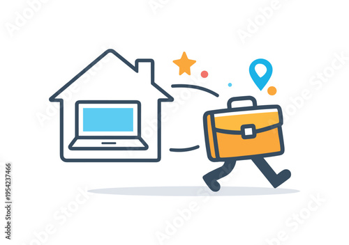 Digital collaboration and mobile task execution in distributed team environments emphasizing continuity of workflow beyond fixed office spaces, a simple home outline with a laptop