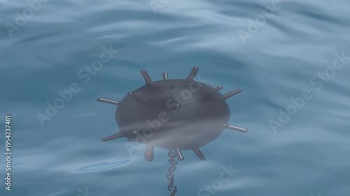 Moored naval mine underwater in wavy sea