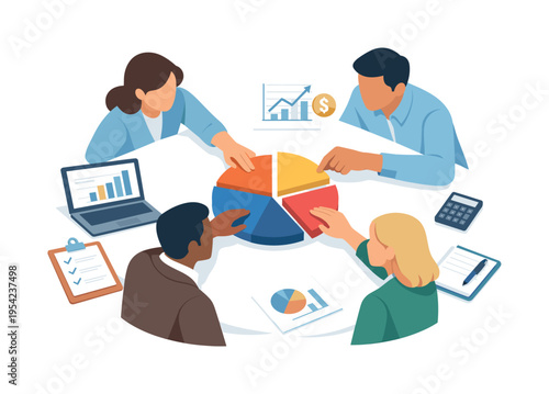 A collaborative business analytics situation where team members evaluate company performance and divide strategic priorities, symbolized by several hands arranging segments of a