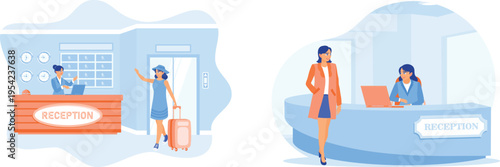 Hotel reception scenes with guests and staff