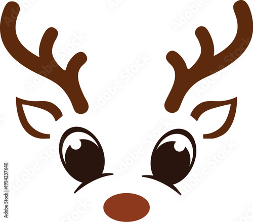 A cartoon reindeer face with large eyes and brown antlers on a white background