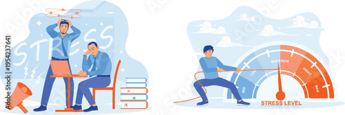 Stress at work concept with frustrated businessmen and stress level meter