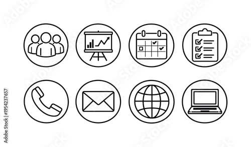 Corporate communication icons: team group inside circle, presentation board inside circle, calendar meeting inside circle, checklist clipboard inside circle, phone call inside