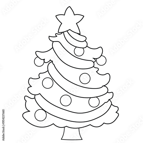 A simple line drawing of a christmas tree decorated with ornaments and a star on top for holiday coloring pages