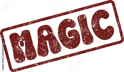 Vintage style red rubber stamp with the word MAGIC inside a rectangle for enchantment and wonder