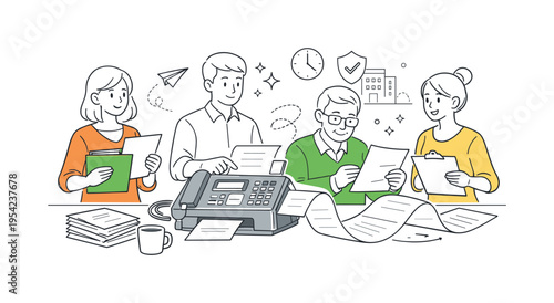 Business continuity and legacy technology within modern administration where a small office team sends important paperwork through a classic fax machine while reviewing printed