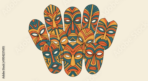 Vibrant Abstract Mask tribal pattern with multiple colorful faces on a pale background