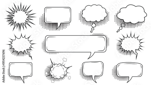 Collection of comic book speech bubbles and explosion effects in black and white