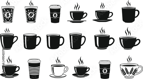 Coffee cup and mug silhouettes collection featuring steaming hot drinks disposable paper cups and tea saucers isolated on white background for cafe branding