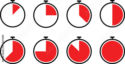 A series of eight circular pie charts with varying red and white section proportions