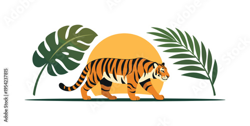 Nature conservation and wildlife awareness concept set in a quiet jungle at sunset, a tiger walking slowly along a simple ground line while a large low sun and two tropical leaves