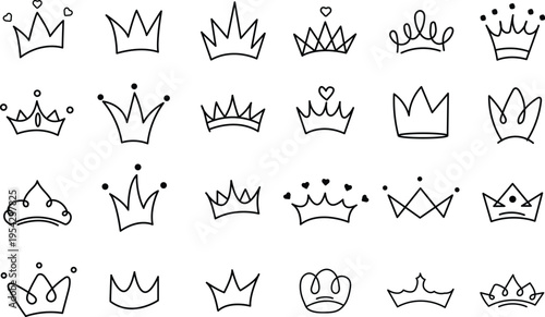 Collection of 20 unique crown illustrations in simple black line art style