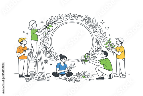 Organic decorative elements and botanical illustration set concept illustrating professionals building a cohesive collection of wreath components for creative projects, using a