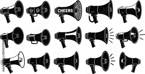 Collection of megaphone silhouettes featuring various loudspeaker designs and cheering bullhorn icons isolated on white background for marketing communication and sports announcements design