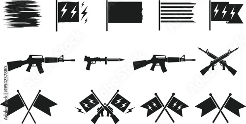 Collection of military tactical silhouettes featuring assault rifles crossed flags and lightning bolt symbols isolated on white background for army combat and warfare design