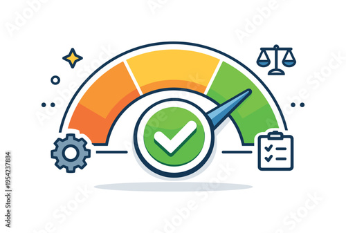 Productivity and workflow optimization focused on working faster while maintaining control and balance, a modern speedometer gauge with a central checkmark badge expressing