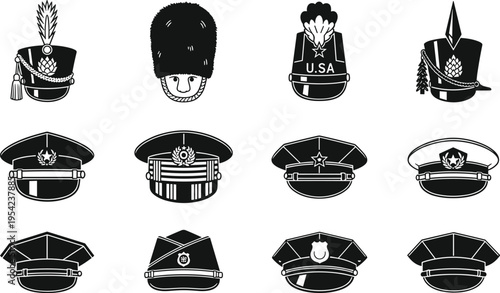 Collection of military and police hat silhouettes including general peak caps officer uniforms and ceremonial headwear isolated on white background for security and army design