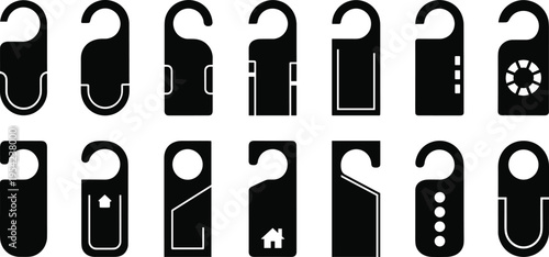 Collection of various door hanger silhouettes with different shapes and icons isolated on white background for hotel room service and do not disturb signage