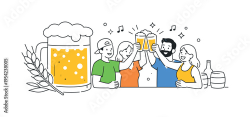 Festive brewery atmosphere illustration where a small group of people cheers beside a large beer mug and a simple barley grain branch, representing traditional brewing culture