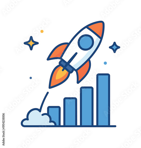Business launch and early stage growth representing the first steps of a startup entering a competitive market, a rocket rising above a simple bar chart expressing confidence
