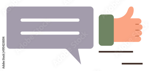 Positive feedback, communication, reviews, social media, user engagement, approval. A thumb-up gesture beside a speech bubble icon. Positive feedback and communication