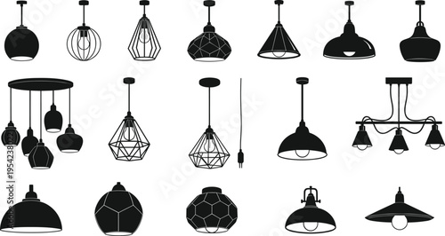 Collection of various pendant light silhouettes including modern chandeliers industrial hanging lamps and geometric ceiling fixtures isolated on white background for interior design projects