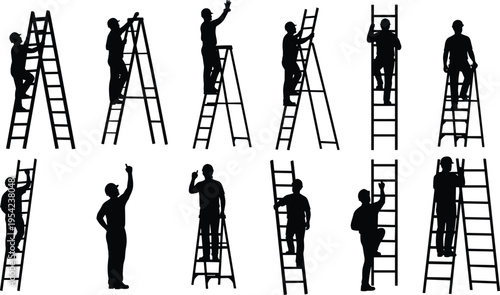 Construction worker silhouettes set featuring men climbing ladders and wearing hard hats in various industrial poses isolated on white background for safety and maintenance.