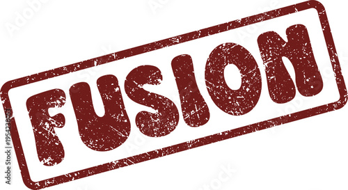 Distressed vintage rubber stamp featuring the meaningful word FUSION representing integration and collaboration