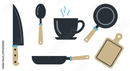 Set of 6 Kitchen Utensil and Cookware Vector Icons with Black and Beige Elements for Cooking, Food Preparation, and Restaurant Design