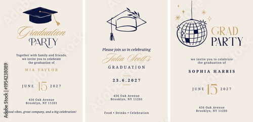 Class of 2026 elegant vintage graduation party and prom invitations with black and gold hand drawn line art elements.