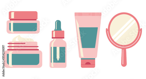 Set of 5 pink and teal cosmetic product vector icons including cream jars, serum bottle, tube, and mirror