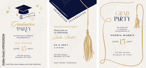 Class of 2026 elegant vintage graduation party and prom invitations with black and gold hand drawn line art elements.