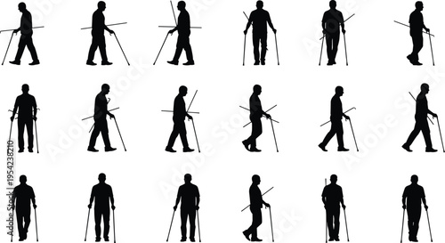 Large collection of eighteen black silhouettes of elderly men walking with canes and crutches isolated on white background for healthcare disability and rehabilitation design