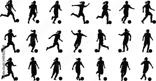 Large collection of female soccer player silhouettes in action poses playing with ball isolated on white background for sports competition and team graphics