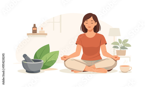 A holistic wellbeing scene where an individual mindfully explores natural approaches to maintain physical balance and reduce everyday stress in a calm home environment, visual