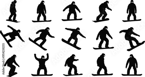 Large collection of fifteen black snowboarder silhouettes featuring various jumping and riding action poses isolated on white background for winter sports and mountain design